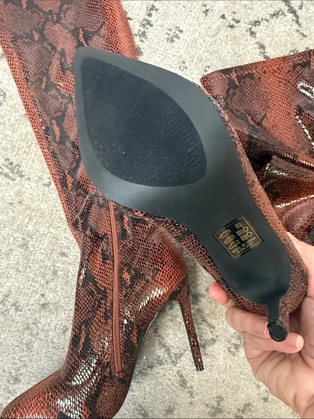 NWOT Fashion Nova Knee-High Snake-Print Boots in Brown
